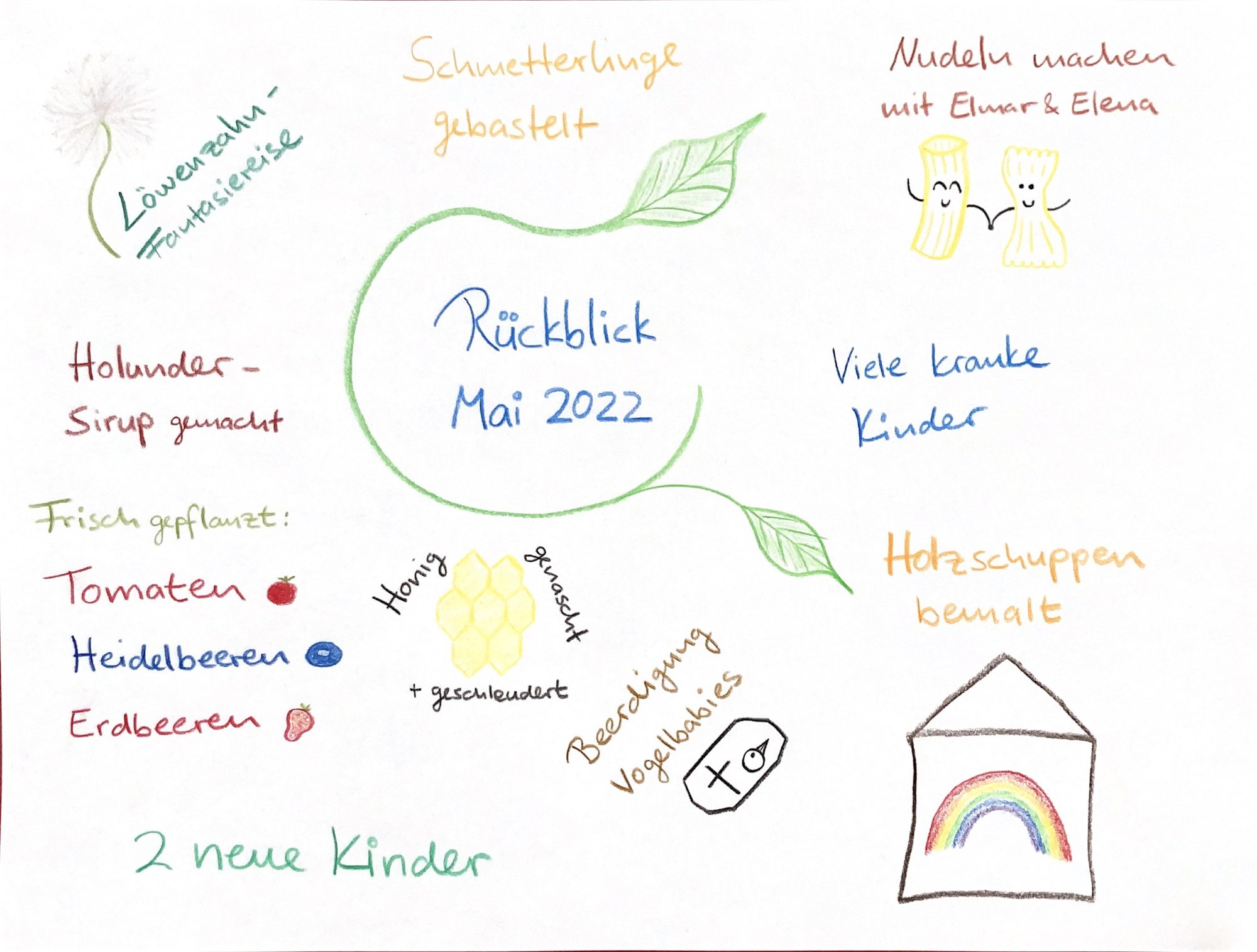 Gezeichneter Rückblick Mai 2022 mit Löwenzahn, Honigwaben, Beeren und bemaltem Holzschuppen