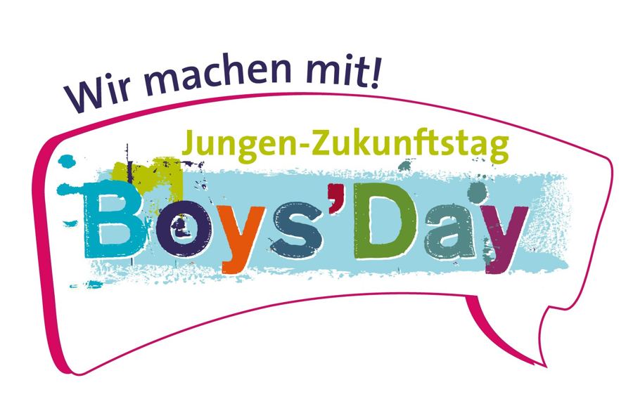 Logo „Wir machen mit! Boys’Day – Jungen-Zukunftstag“ in einer Sprechblase